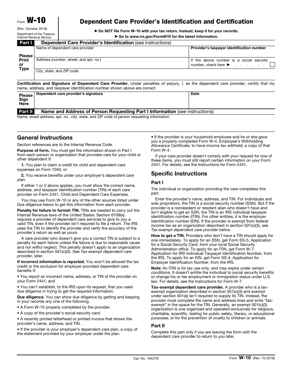 IRS Form W-10 Dependent Care Providers Identification and Certification, Page 1