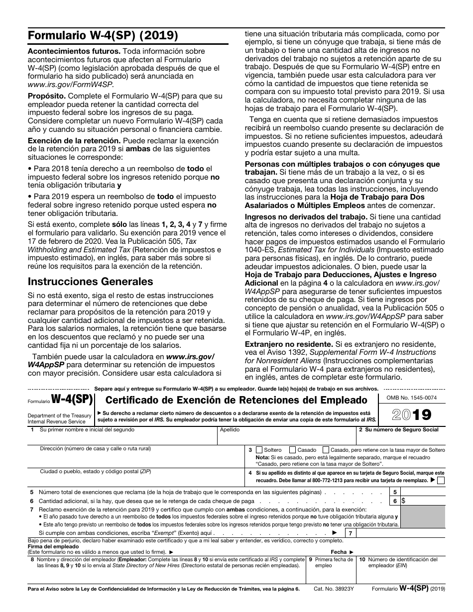 IRS Formulario W-4(SP) Certificado De Exencion De Retenciones Del Empleado (Spanish), Page 1