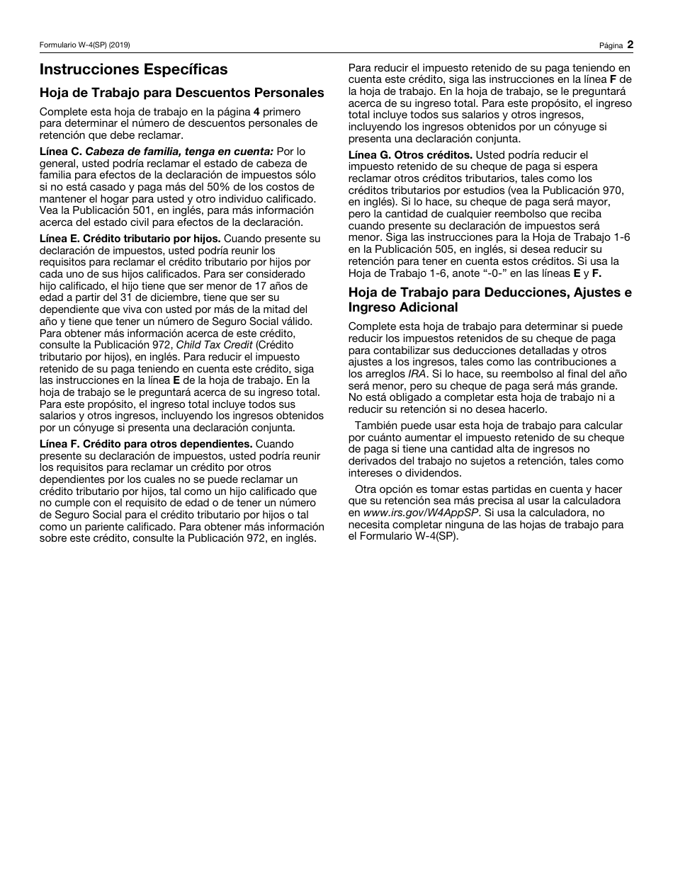 IRS Formulario W-4(SP) Certificado De Exencion De Retenciones Del Empleado (Spanish), Page 2