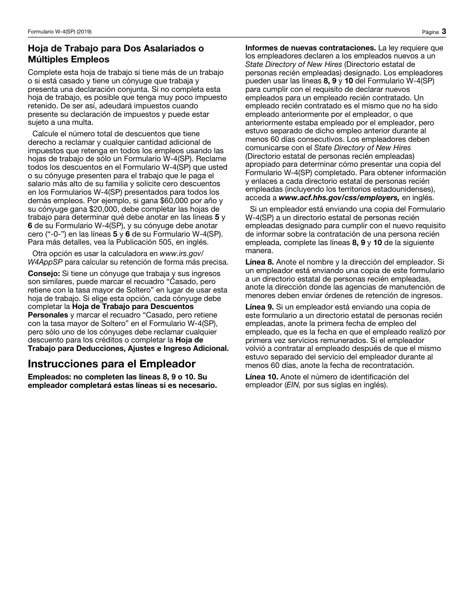 IRS Formulario W-4(SP) Certificado De Exencion De Retenciones Del Empleado (Spanish), Page 3
