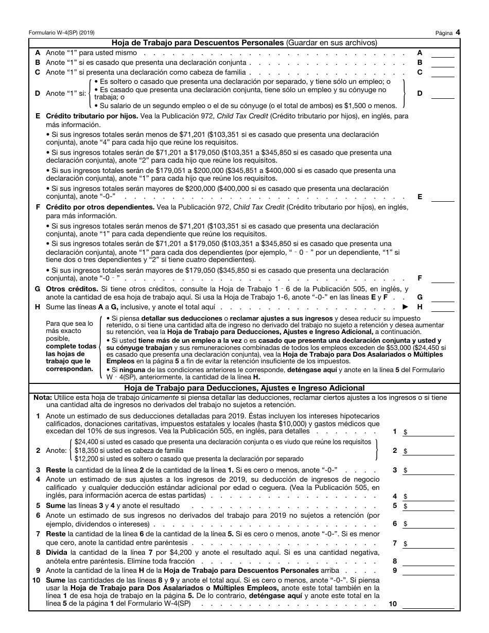 IRS Formulario W-4(SP) Certificado De Exencion De Retenciones Del Empleado (Spanish), Page 4