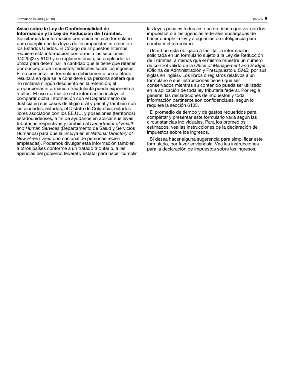 IRS Formulario W-4(SP) Certificado De Exencion De Retenciones Del Empleado (Spanish), Page 6