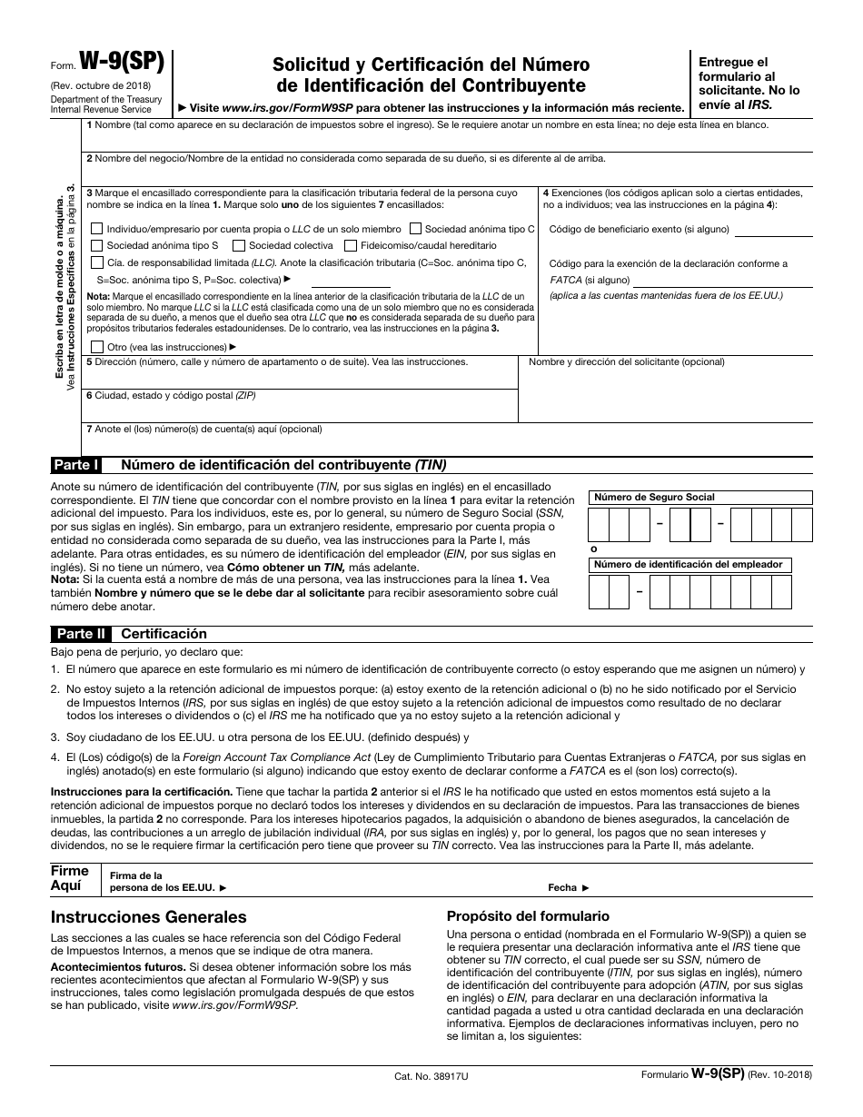 IRS Formulario W-9(SP) Solicitud Y Certificacion Del Numero De Identificacion Del Contribuyente (Spanish), Page 1