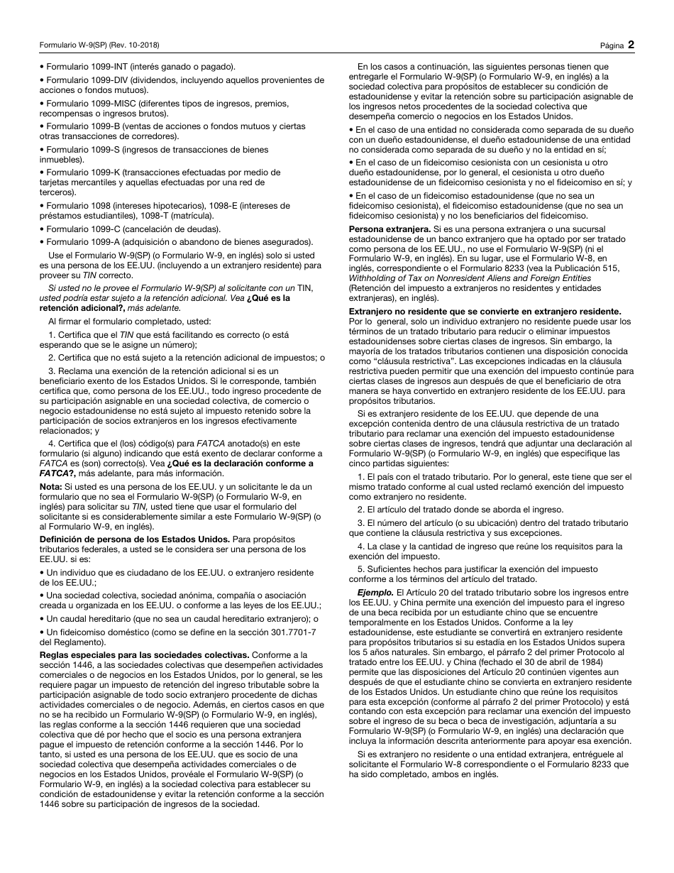 IRS Formulario W-9(SP) Solicitud Y Certificacion Del Numero De Identificacion Del Contribuyente (Spanish), Page 2