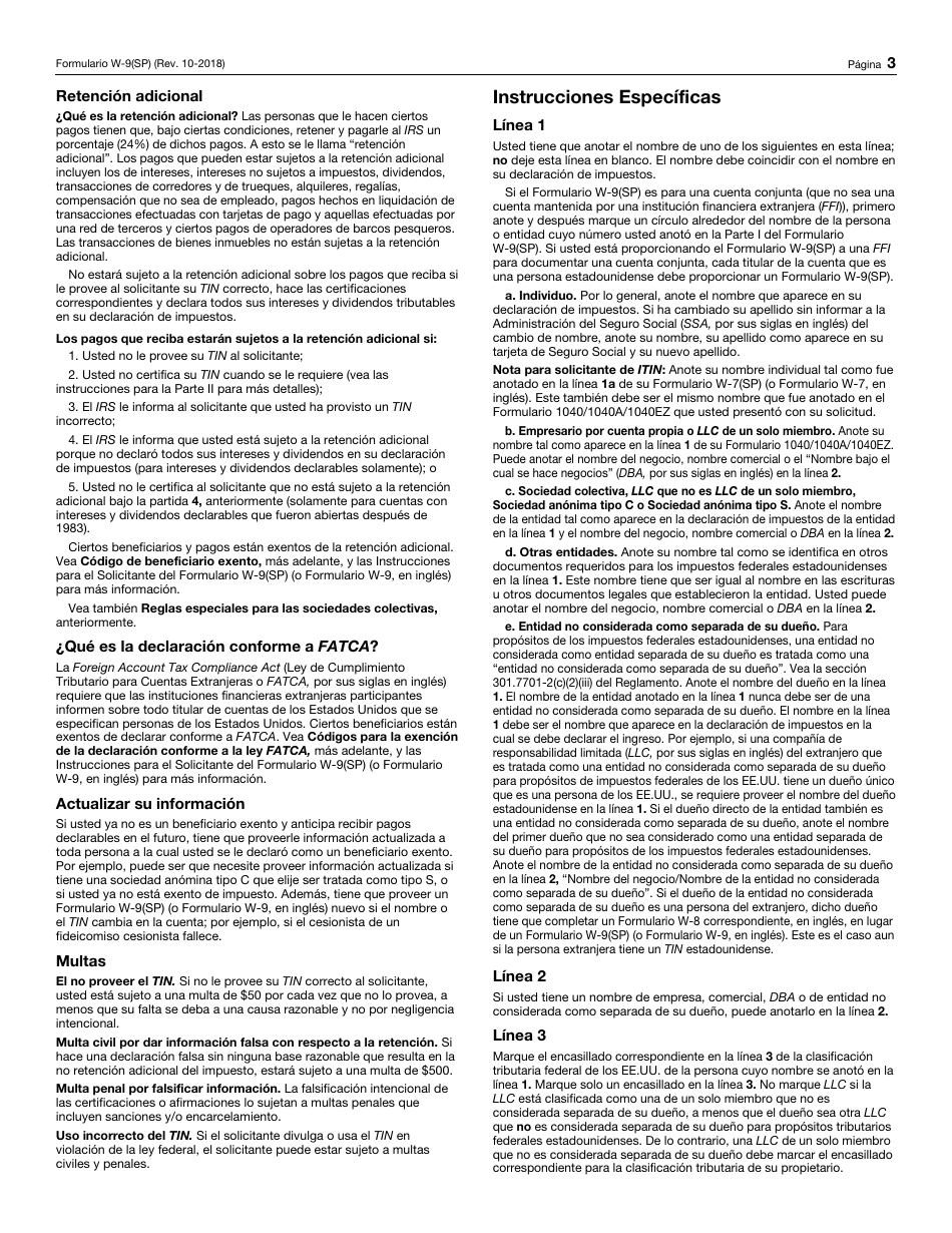 IRS Formulario W-9(SP) Solicitud Y Certificacion Del Numero De Identificacion Del Contribuyente (Spanish), Page 3