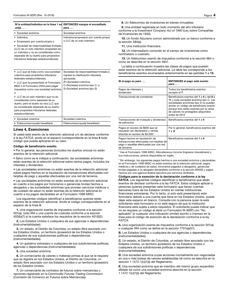 IRS Formulario W-9(SP) Solicitud Y Certificacion Del Numero De Identificacion Del Contribuyente (Spanish), Page 4
