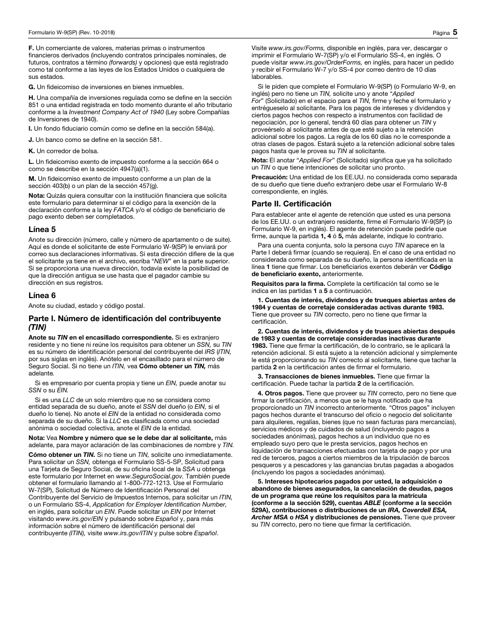 IRS Formulario W-9(SP) Solicitud Y Certificacion Del Numero De Identificacion Del Contribuyente (Spanish), Page 5