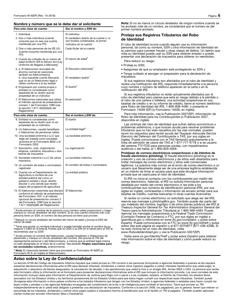 IRS Formulario W-9(SP) Solicitud Y Certificacion Del Numero De Identificacion Del Contribuyente (Spanish), Page 6