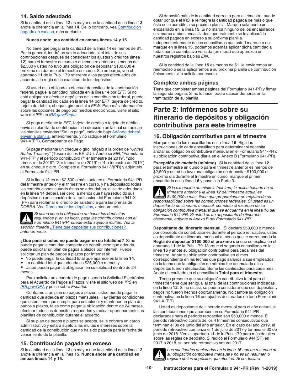 Instrucciones para IRS Formulario 941-PR Planilla Para La Declaracion Federal Trimestral Del Patrono (Puerto Rican Spanish), Page 10