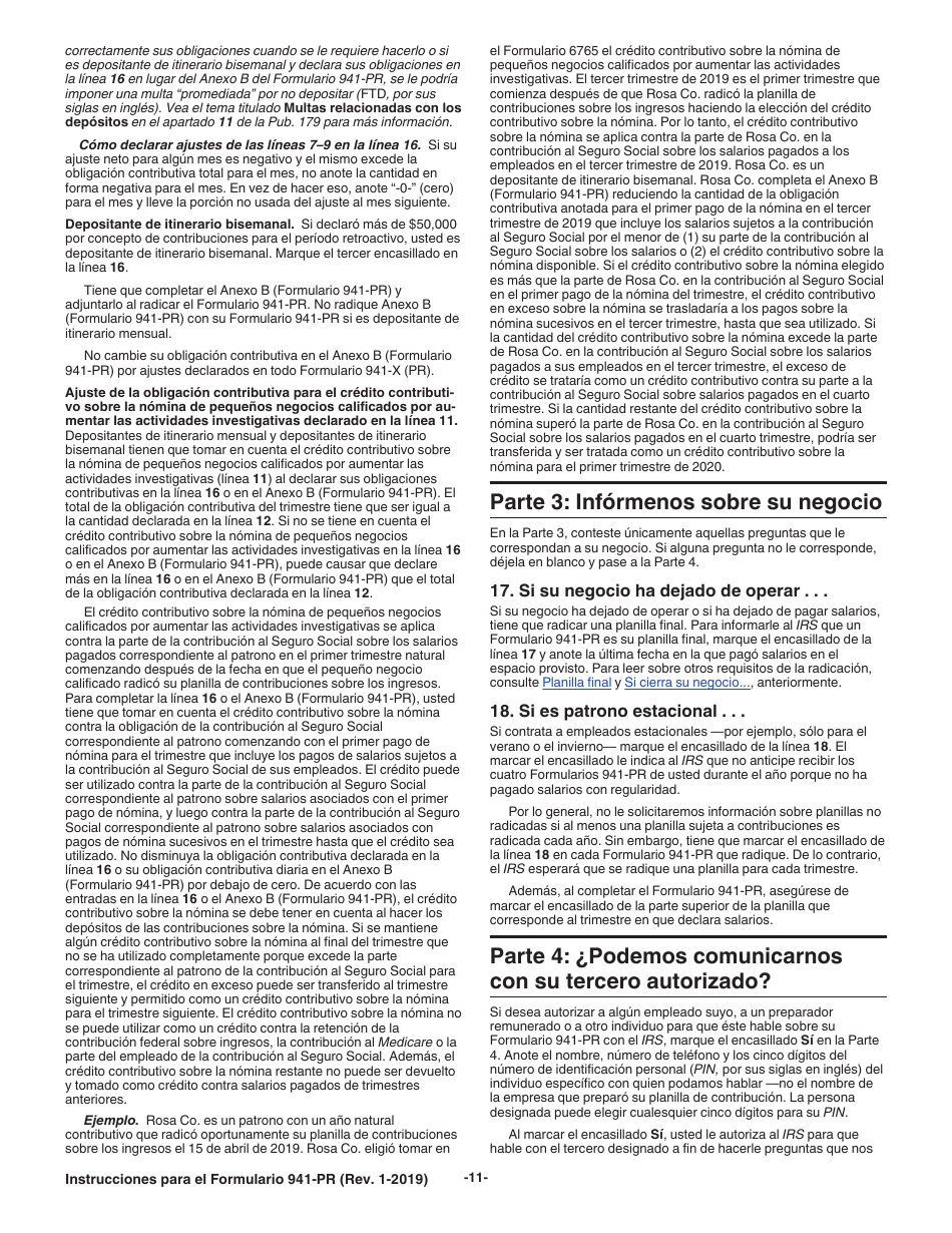 Instrucciones para IRS Formulario 941-PR Planilla Para La Declaracion Federal Trimestral Del Patrono (Puerto Rican Spanish), Page 11