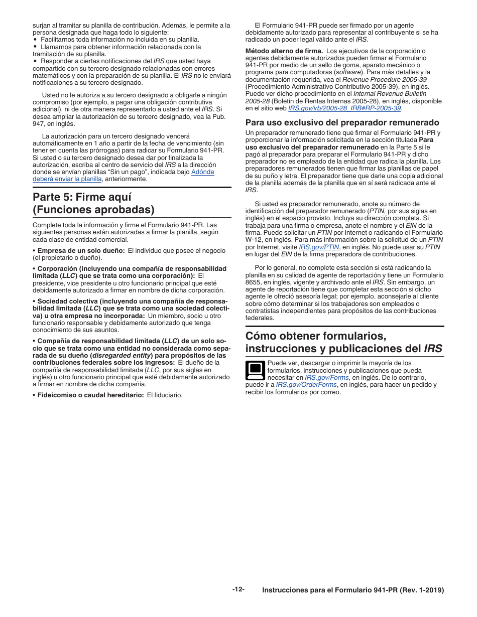 Instrucciones para IRS Formulario 941-PR Planilla Para La Declaracion Federal Trimestral Del Patrono (Puerto Rican Spanish), Page 12