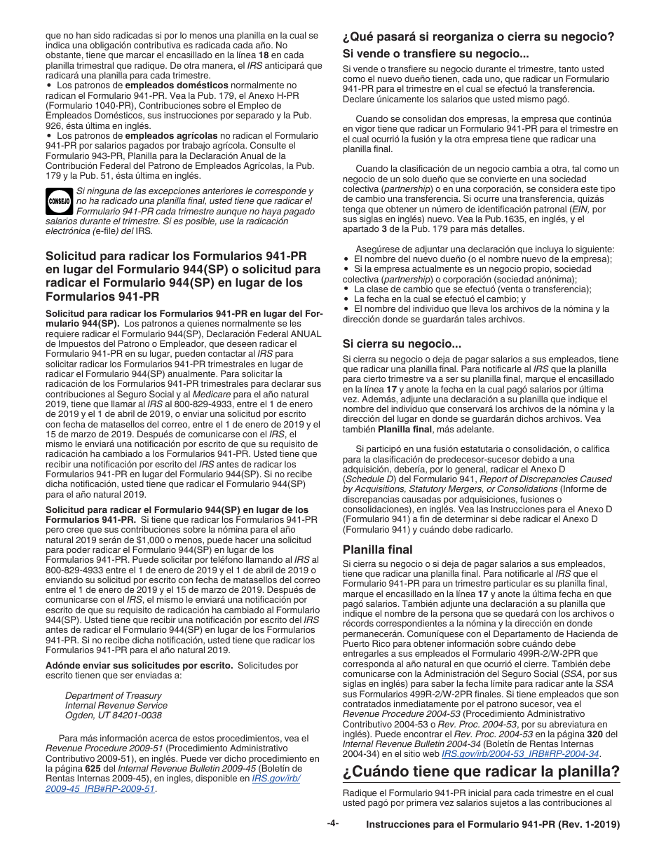 Instrucciones para IRS Formulario 941-PR Planilla Para La Declaracion Federal Trimestral Del Patrono (Puerto Rican Spanish), Page 4