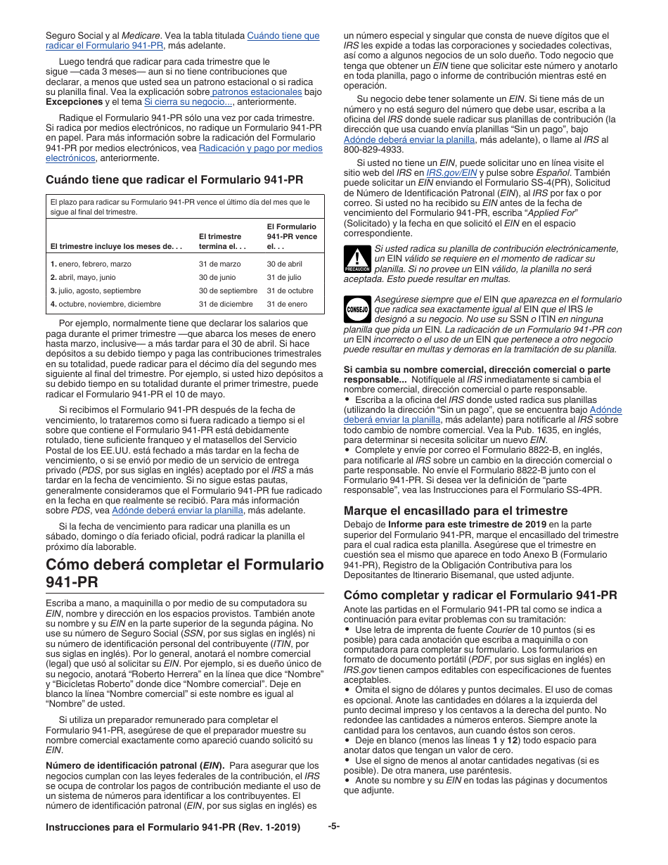 Instrucciones para IRS Formulario 941-PR Planilla Para La Declaracion Federal Trimestral Del Patrono (Puerto Rican Spanish), Page 5