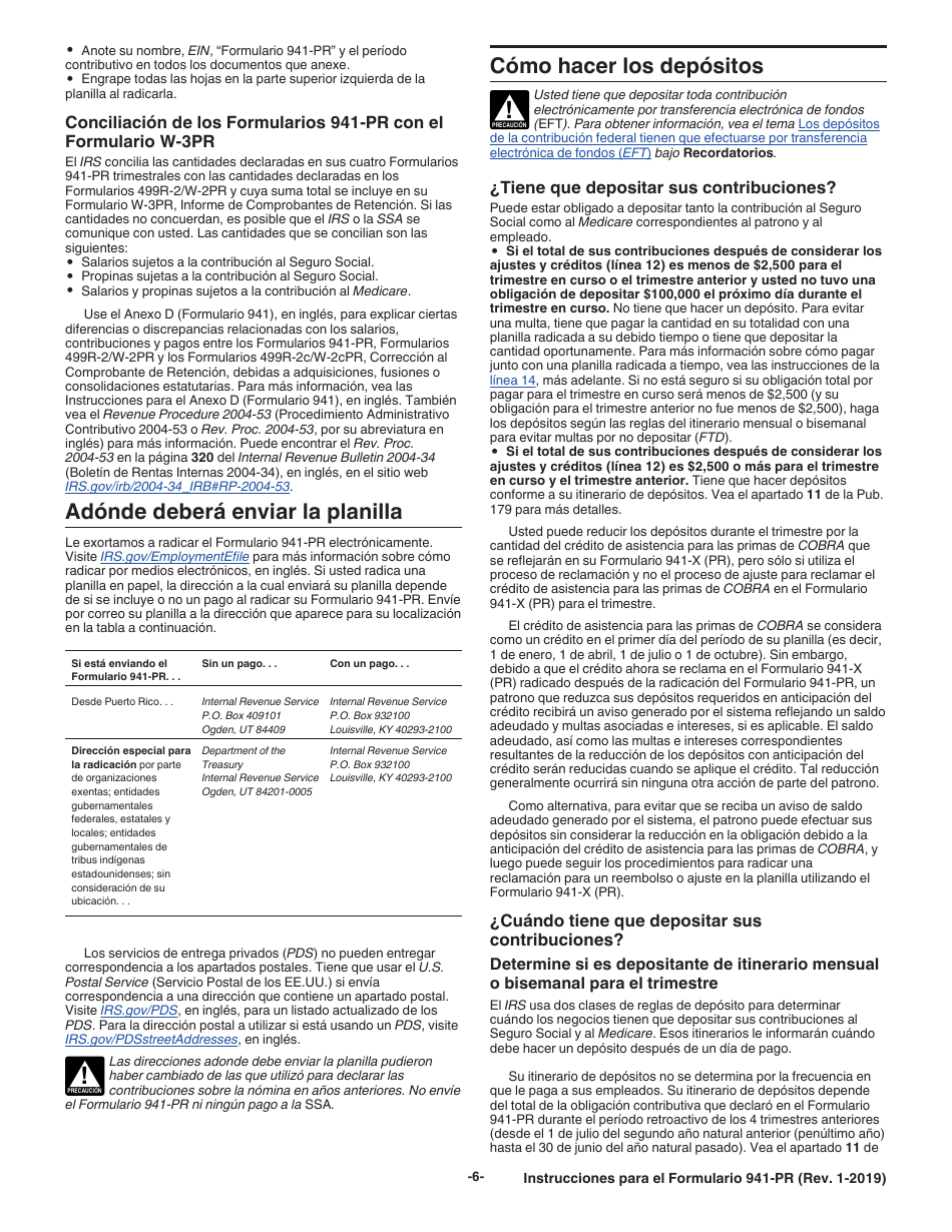 Instrucciones para IRS Formulario 941-PR Planilla Para La Declaracion Federal Trimestral Del Patrono (Puerto Rican Spanish), Page 6