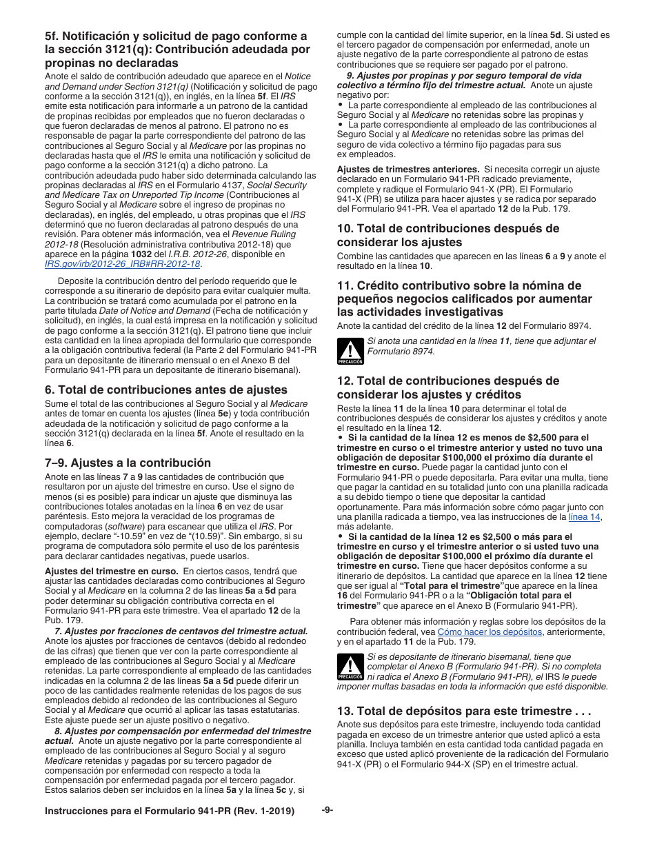 Instrucciones para IRS Formulario 941-PR Planilla Para La Declaracion Federal Trimestral Del Patrono (Puerto Rican Spanish), Page 9