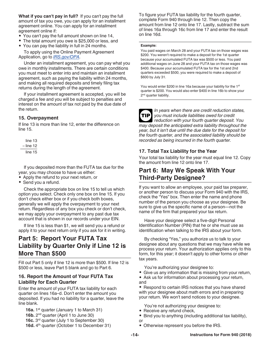 Instructions for IRS Form 940 Employers Annual Federal Unemployment (Futa) Tax Return, Page 14