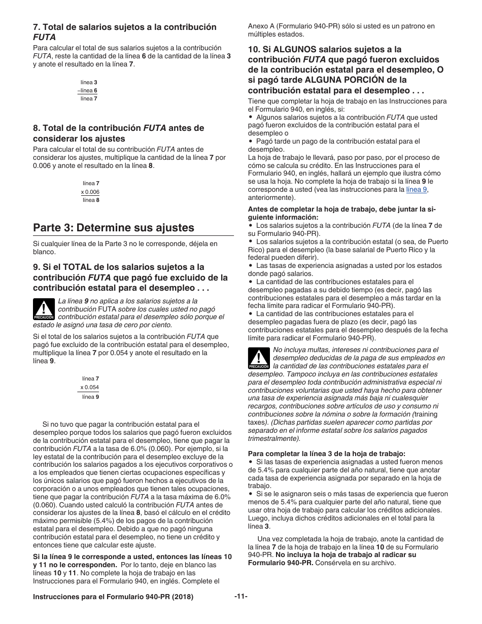 Instrucciones para IRS Formulario 940-PR Planilla Para La Declaracion Federal Anual Del Patrono De La Contribucion Federal Para El Desempleo (Futa) (Puerto Rican Spanish), Page 11