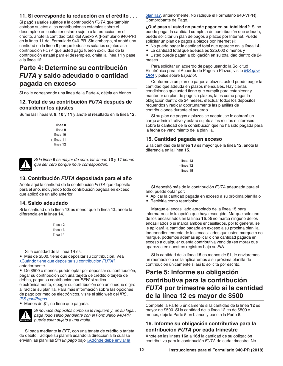 Instrucciones para IRS Formulario 940-PR Planilla Para La Declaracion Federal Anual Del Patrono De La Contribucion Federal Para El Desempleo (Futa) (Puerto Rican Spanish), Page 12