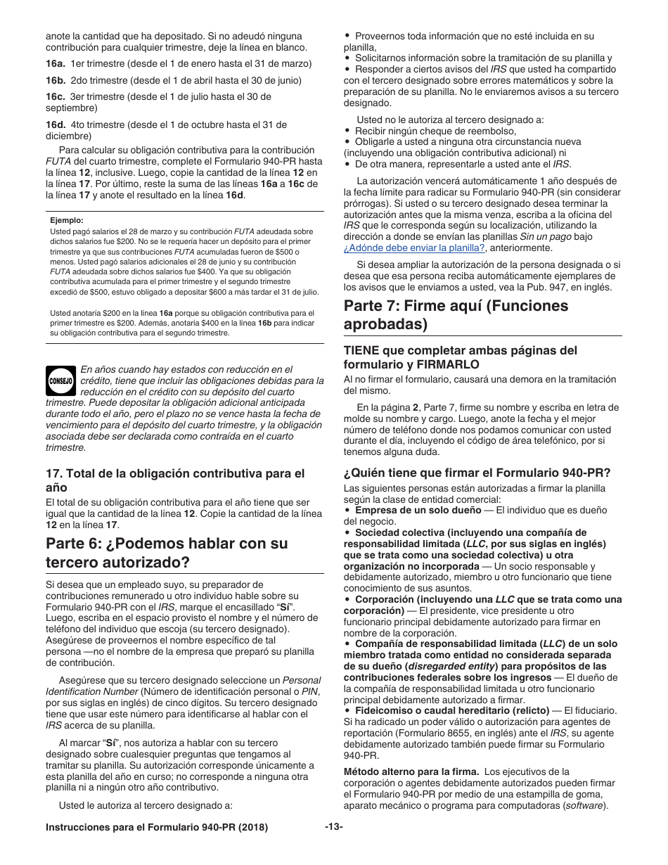 Instrucciones para IRS Formulario 940-PR Planilla Para La Declaracion Federal Anual Del Patrono De La Contribucion Federal Para El Desempleo (Futa) (Puerto Rican Spanish), Page 13
