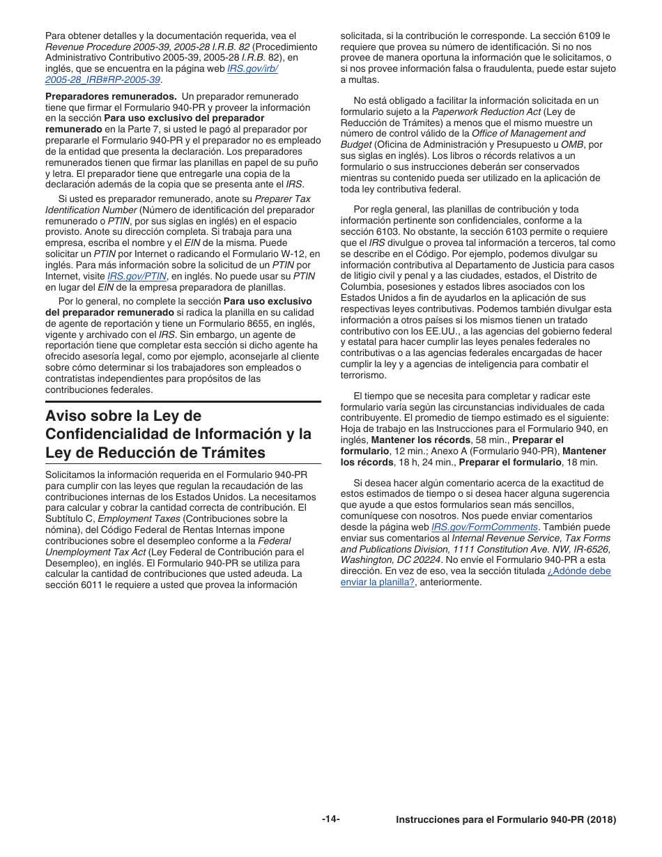 Instrucciones para IRS Formulario 940-PR Planilla Para La Declaracion Federal Anual Del Patrono De La Contribucion Federal Para El Desempleo (Futa) (Puerto Rican Spanish), Page 14