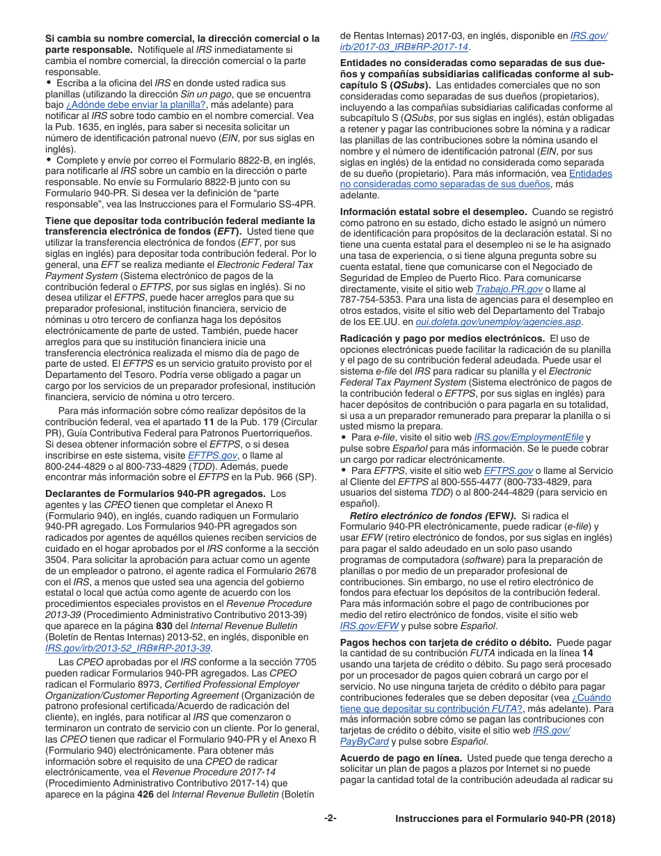 Instrucciones para IRS Formulario 940-PR Planilla Para La Declaracion Federal Anual Del Patrono De La Contribucion Federal Para El Desempleo (Futa) (Puerto Rican Spanish), Page 2
