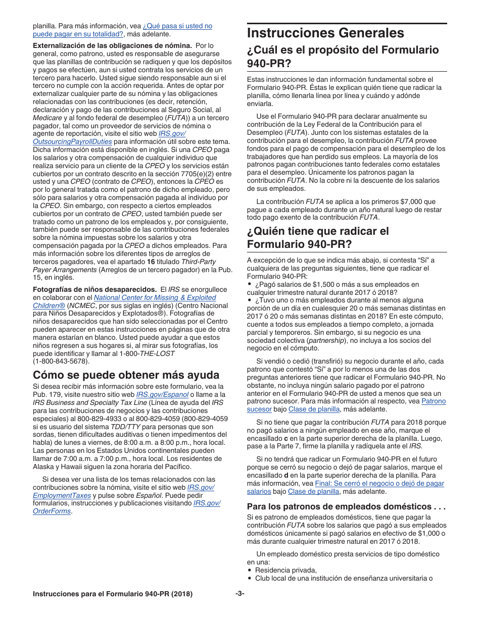 Instrucciones para IRS Formulario 940-PR Planilla Para La Declaracion Federal Anual Del Patrono De La Contribucion Federal Para El Desempleo (Futa) (Puerto Rican Spanish), Page 3