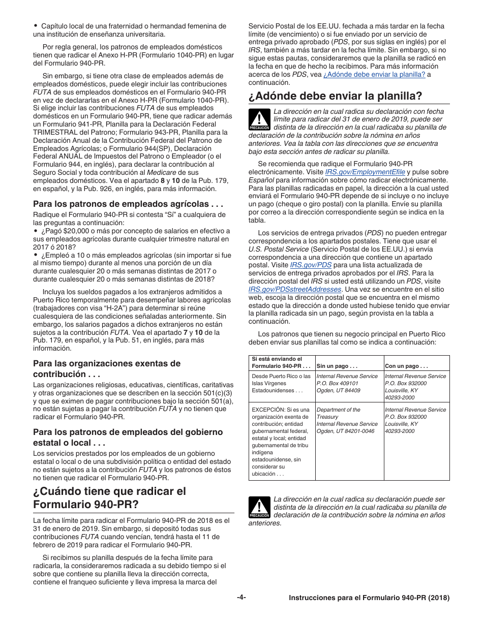 Instrucciones para IRS Formulario 940-PR Planilla Para La Declaracion Federal Anual Del Patrono De La Contribucion Federal Para El Desempleo (Futa) (Puerto Rican Spanish), Page 4