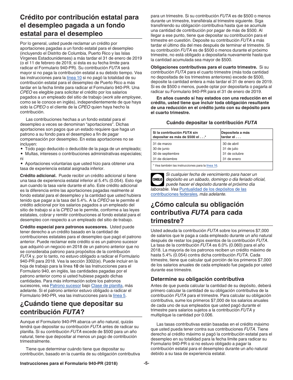 Instrucciones para IRS Formulario 940-PR Planilla Para La Declaracion Federal Anual Del Patrono De La Contribucion Federal Para El Desempleo (Futa) (Puerto Rican Spanish), Page 5