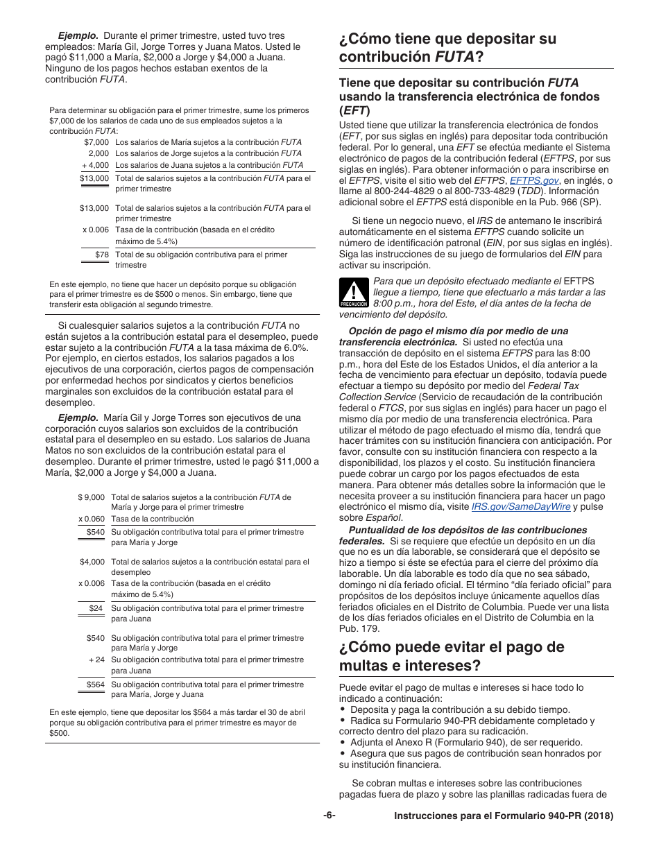 Instrucciones para IRS Formulario 940-PR Planilla Para La Declaracion Federal Anual Del Patrono De La Contribucion Federal Para El Desempleo (Futa) (Puerto Rican Spanish), Page 6