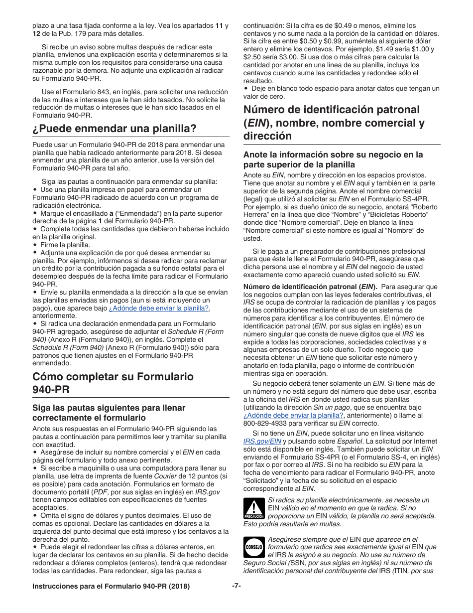 Instrucciones para IRS Formulario 940-PR Planilla Para La Declaracion Federal Anual Del Patrono De La Contribucion Federal Para El Desempleo (Futa) (Puerto Rican Spanish), Page 7