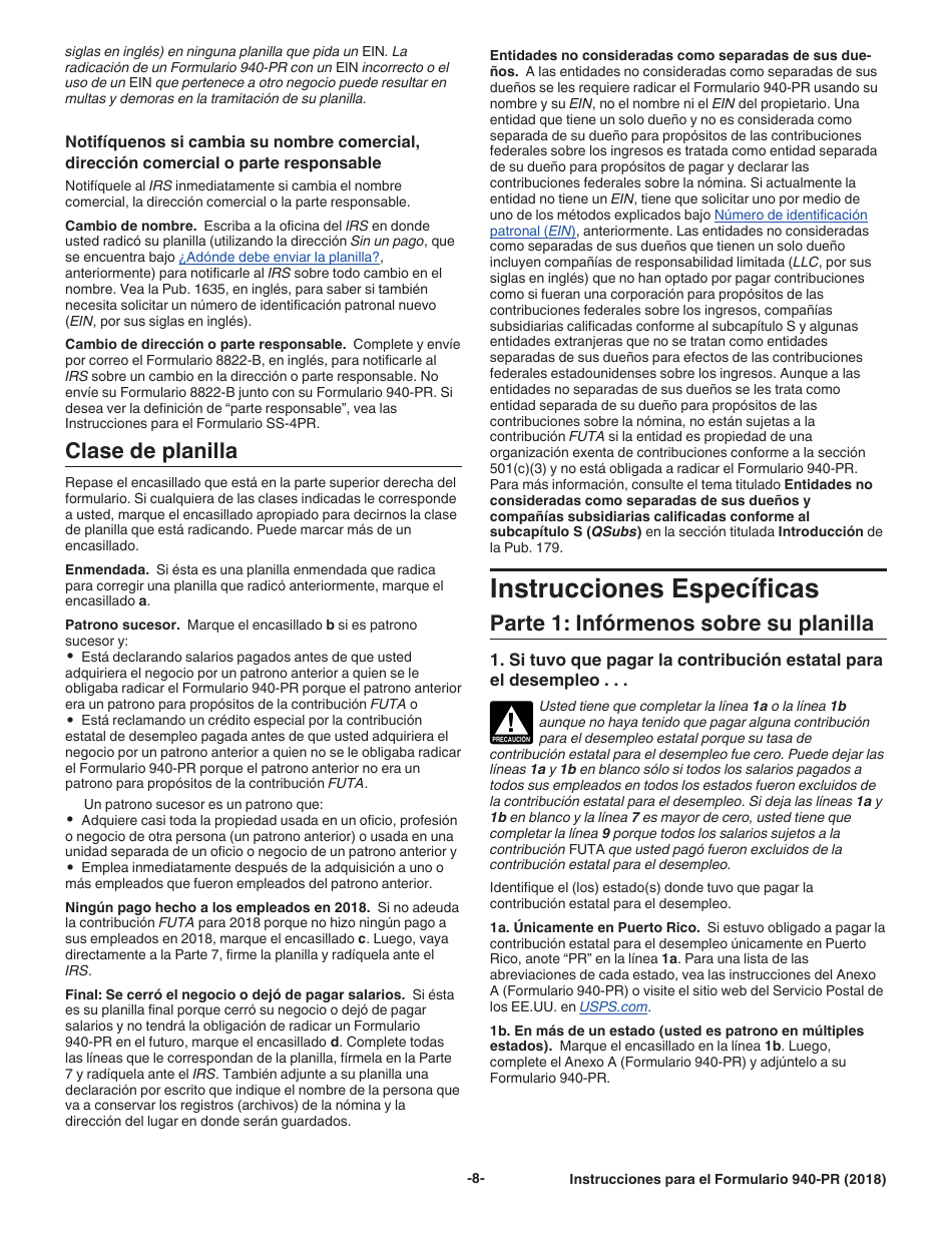 Instrucciones para IRS Formulario 940-PR Planilla Para La Declaracion Federal Anual Del Patrono De La Contribucion Federal Para El Desempleo (Futa) (Puerto Rican Spanish), Page 8