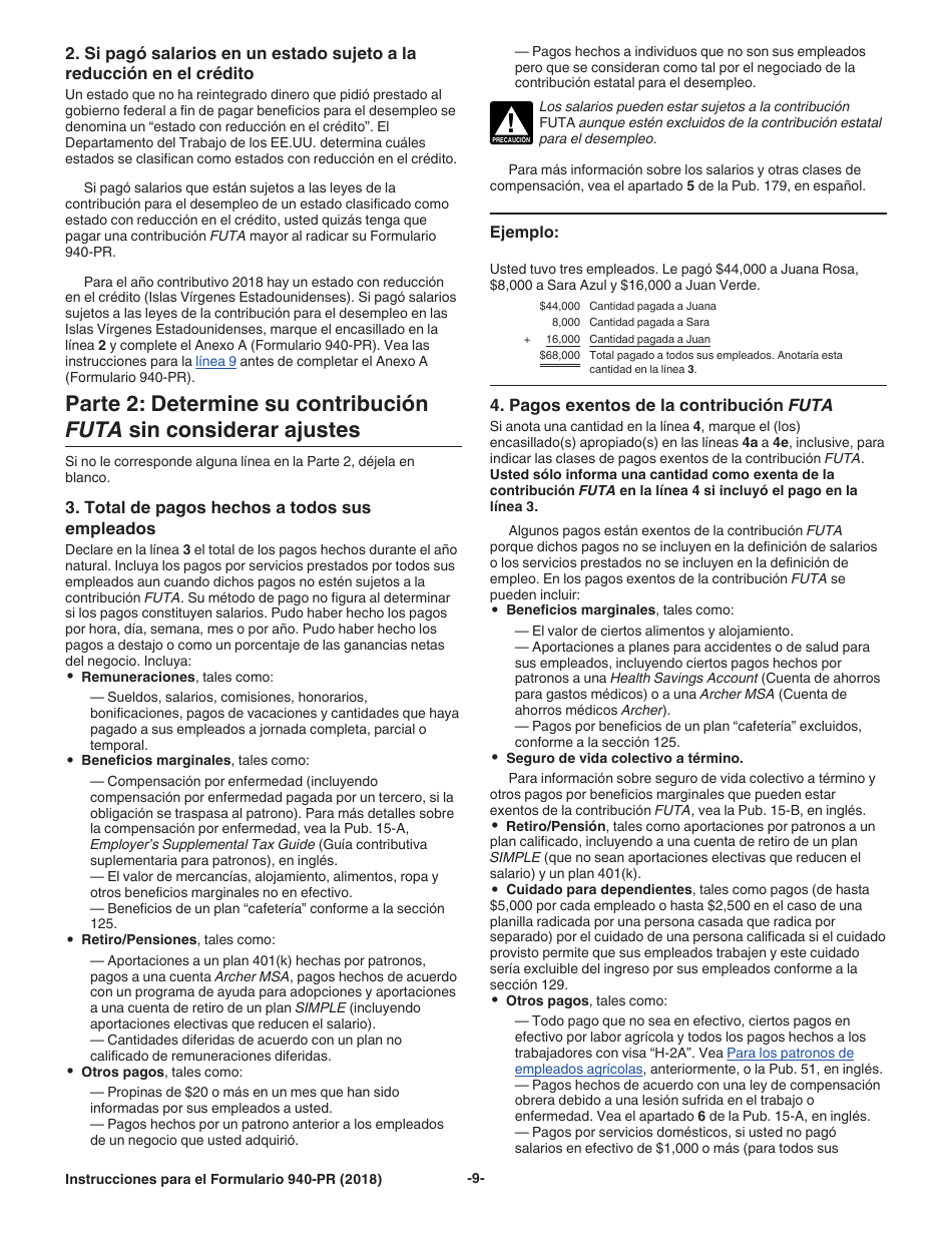 Instrucciones para IRS Formulario 940-PR Planilla Para La Declaracion Federal Anual Del Patrono De La Contribucion Federal Para El Desempleo (Futa) (Puerto Rican Spanish), Page 9