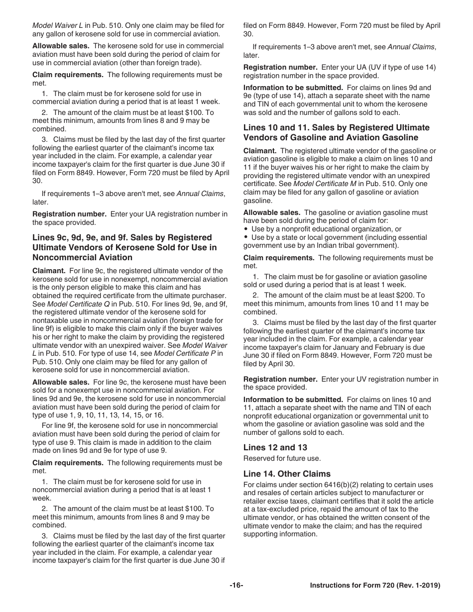 Instructions for IRS Form 720 Quarterly Federal Excise Tax Return, Page 16