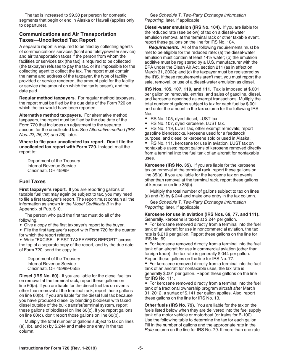 Instructions for IRS Form 720 Quarterly Federal Excise Tax Return, Page 5
