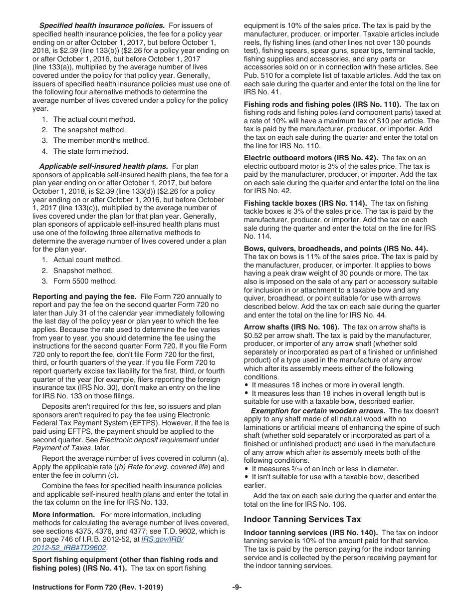 Instructions for IRS Form 720 Quarterly Federal Excise Tax Return, Page 9