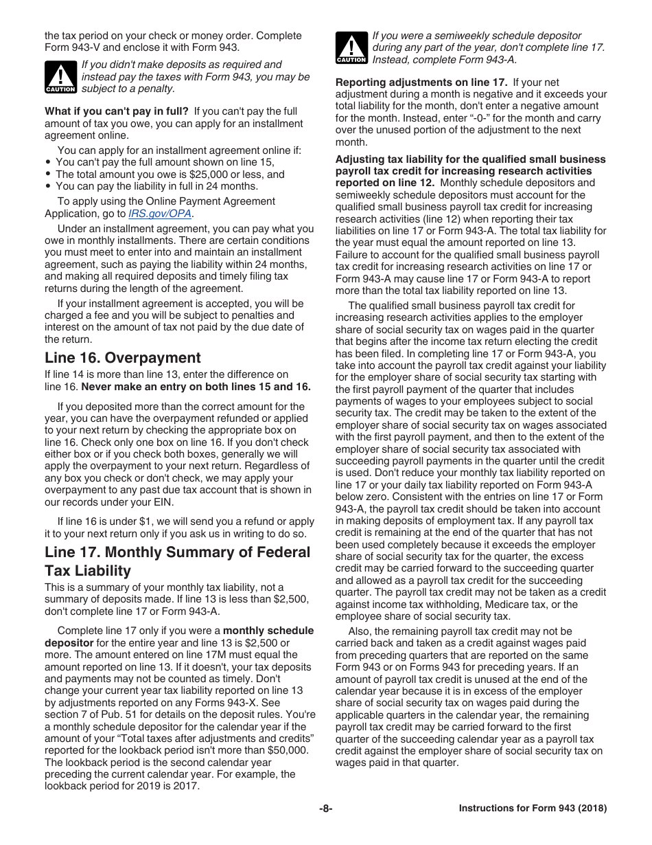 Instructions for IRS Form 943 Employers Annual Federal Tax Return for Agricultural Employees, Page 8