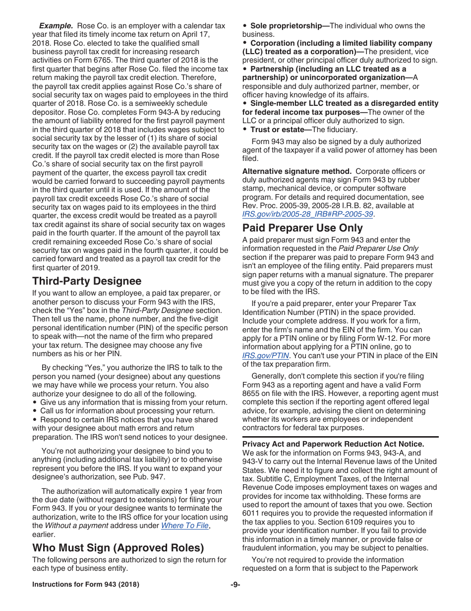 Instructions for IRS Form 943 Employers Annual Federal Tax Return for Agricultural Employees, Page 9