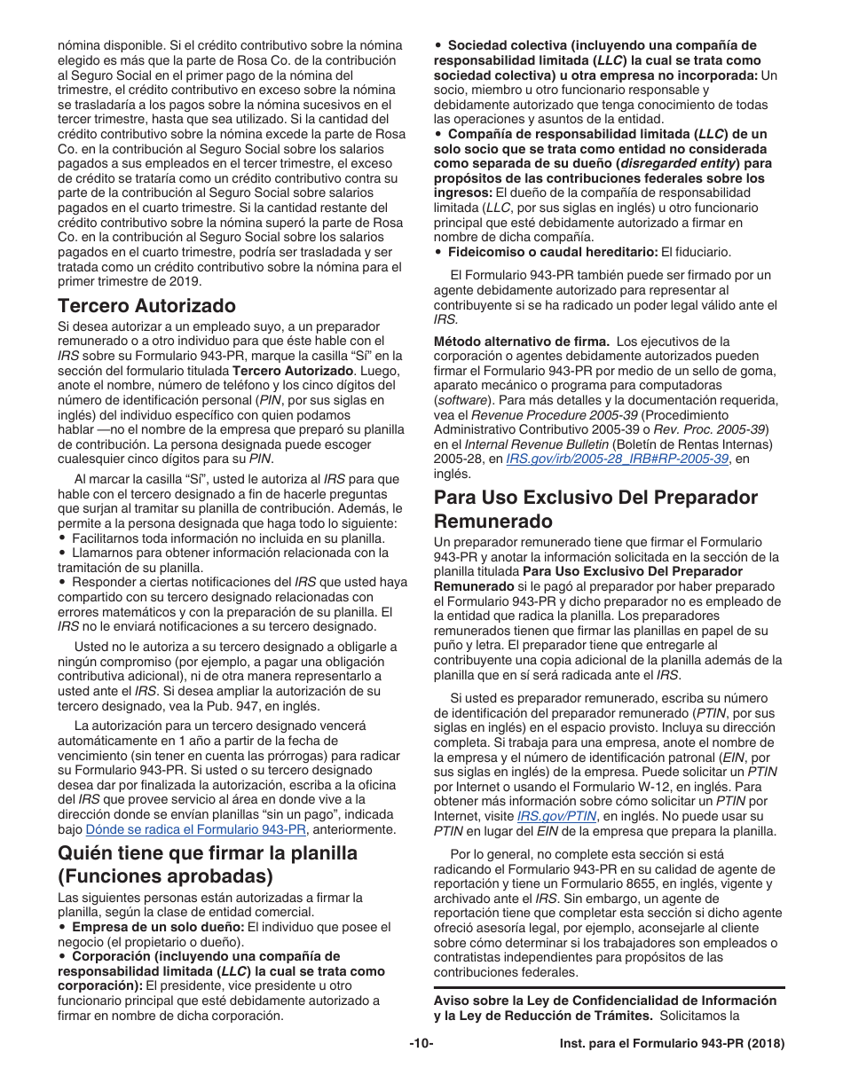 Instrucciones para IRS Formulario 943-PR Planilla Para La Declaracion Anual De La Contribucion Federal Del Patrono De Empleados Agricolas (Puerto Rican Spanish), Page 10