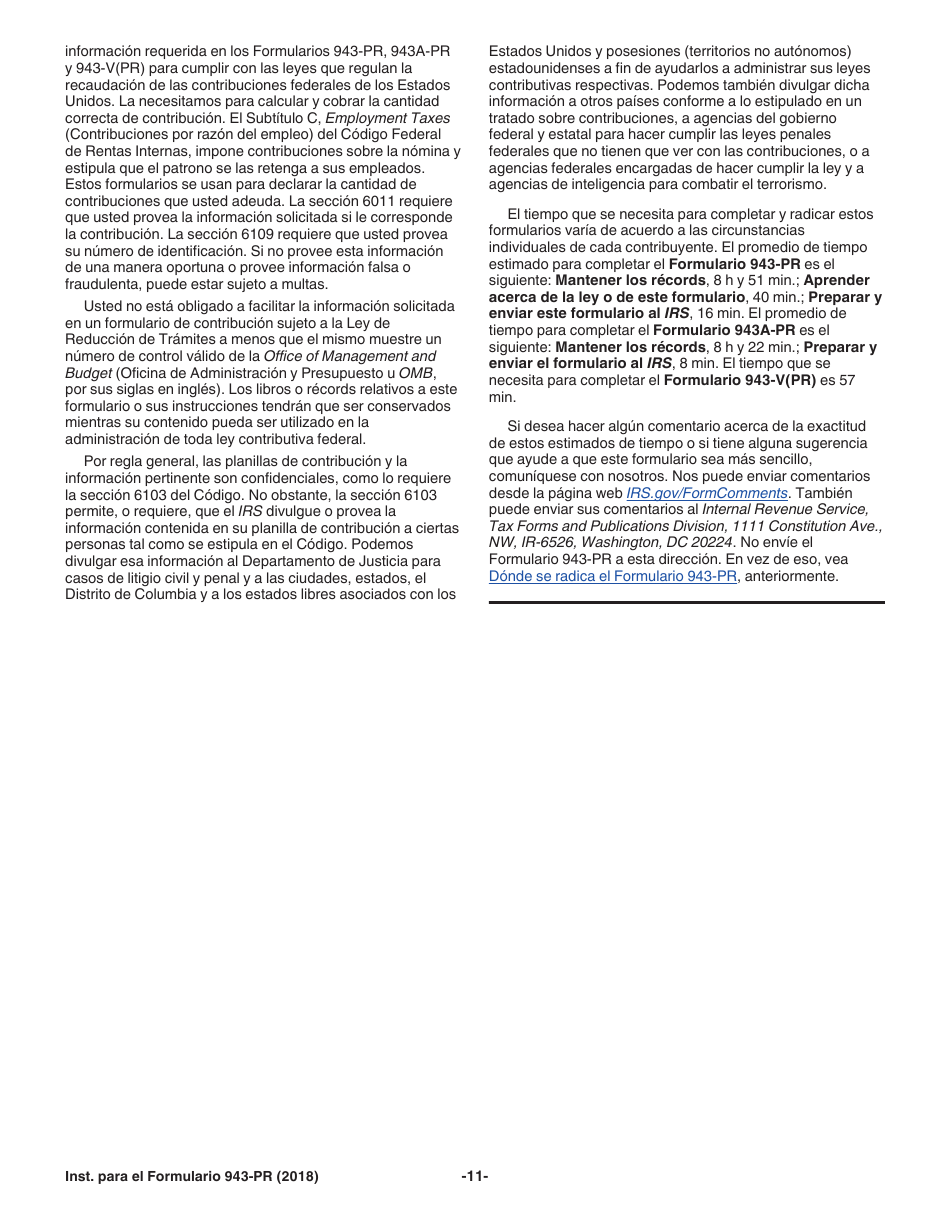 Instrucciones para IRS Formulario 943-PR Planilla Para La Declaracion Anual De La Contribucion Federal Del Patrono De Empleados Agricolas (Puerto Rican Spanish), Page 11