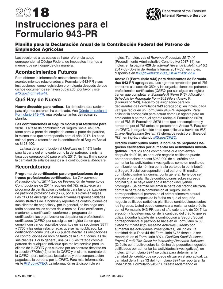 Instrucciones para IRS Formulario 943-PR Planilla Para La Declaracion Anual De La Contribucion Federal Del Patrono De Empleados Agricolas (Puerto Rican Spanish), Page 1
