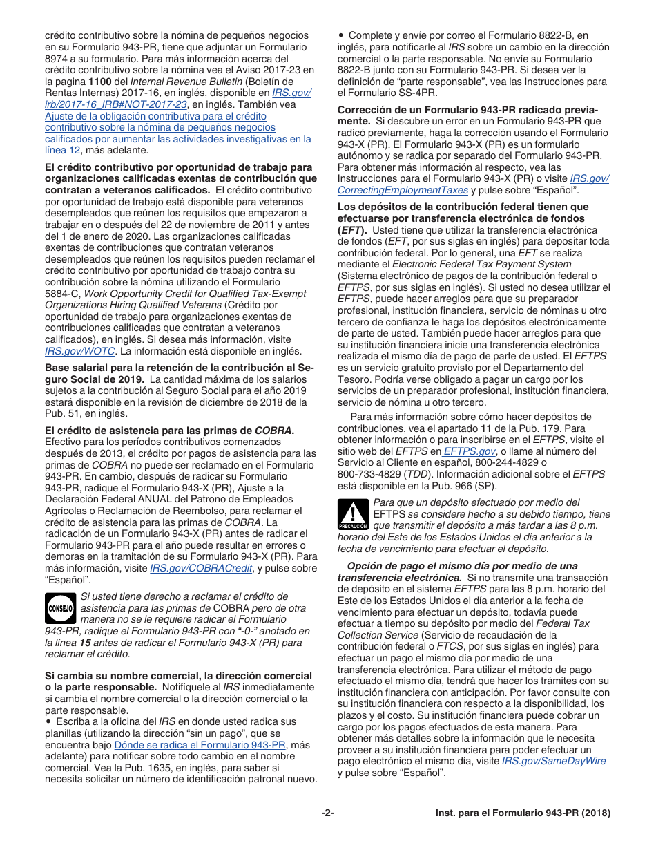 Instrucciones para IRS Formulario 943-PR Planilla Para La Declaracion Anual De La Contribucion Federal Del Patrono De Empleados Agricolas (Puerto Rican Spanish), Page 2