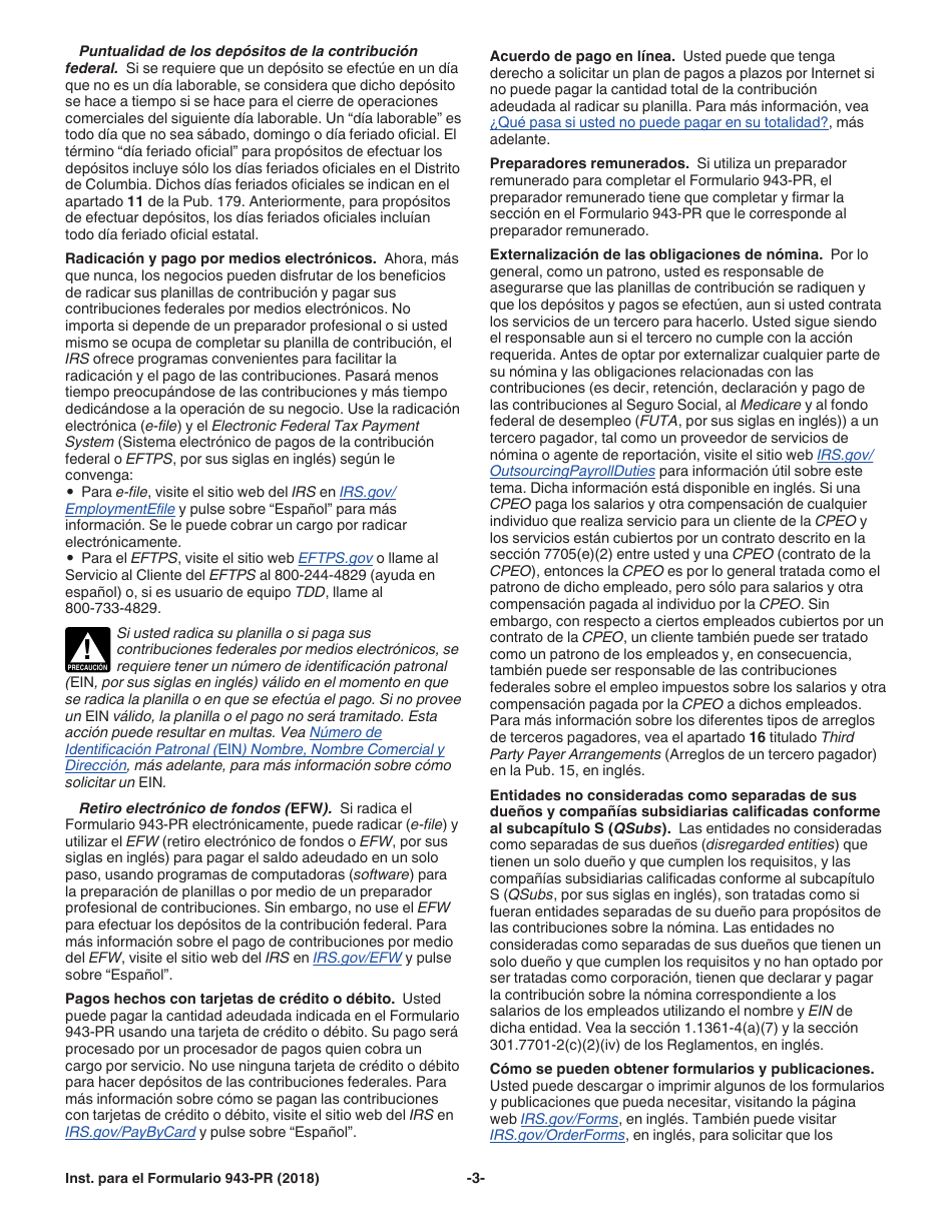 Instrucciones para IRS Formulario 943-PR Planilla Para La Declaracion Anual De La Contribucion Federal Del Patrono De Empleados Agricolas (Puerto Rican Spanish), Page 3