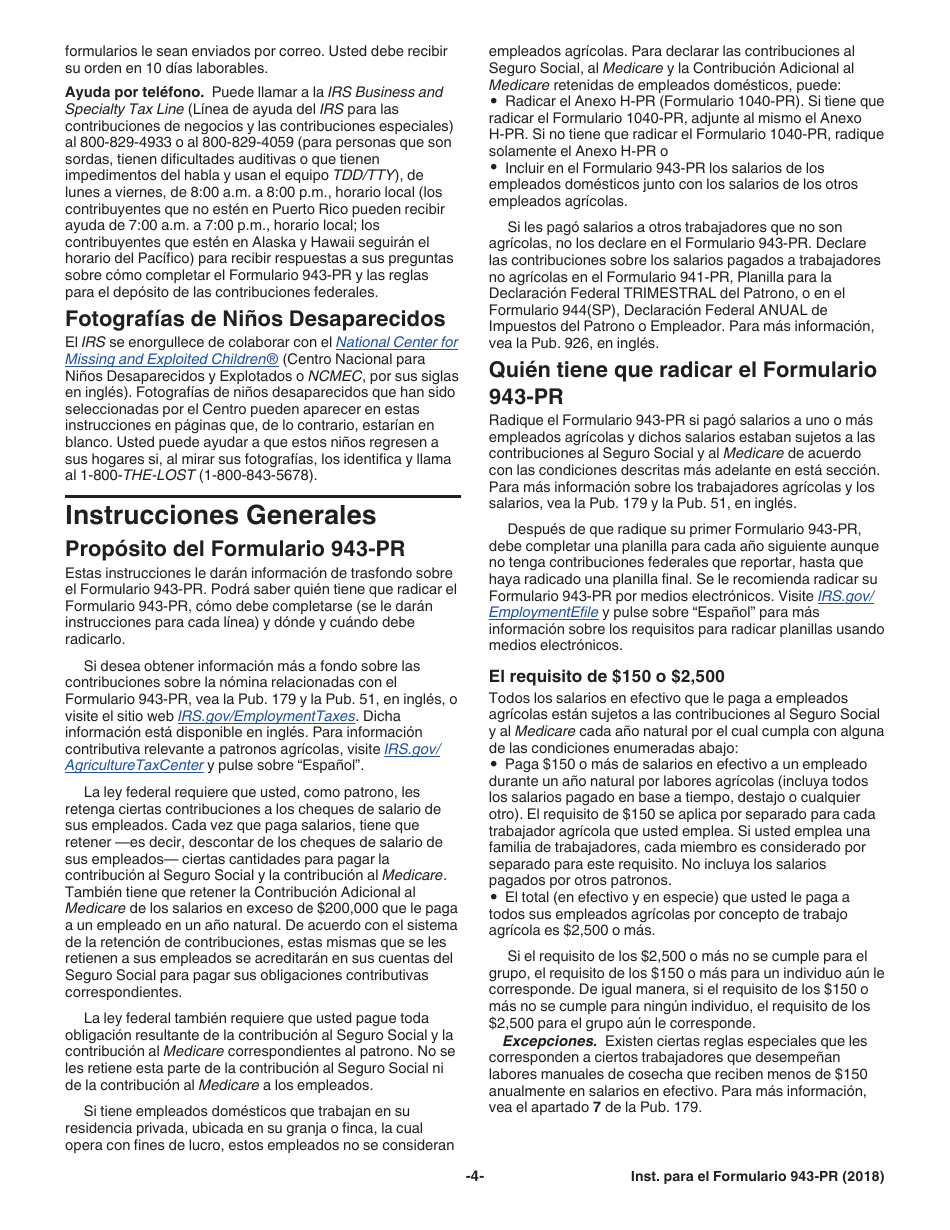 Instrucciones para IRS Formulario 943-PR Planilla Para La Declaracion Anual De La Contribucion Federal Del Patrono De Empleados Agricolas (Puerto Rican Spanish), Page 4