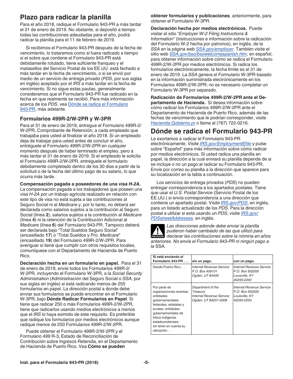 Instrucciones para IRS Formulario 943-PR Planilla Para La Declaracion Anual De La Contribucion Federal Del Patrono De Empleados Agricolas (Puerto Rican Spanish), Page 5