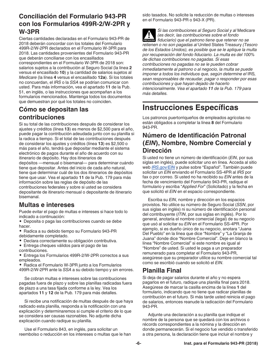 Instrucciones para IRS Formulario 943-PR Planilla Para La Declaracion Anual De La Contribucion Federal Del Patrono De Empleados Agricolas (Puerto Rican Spanish), Page 6