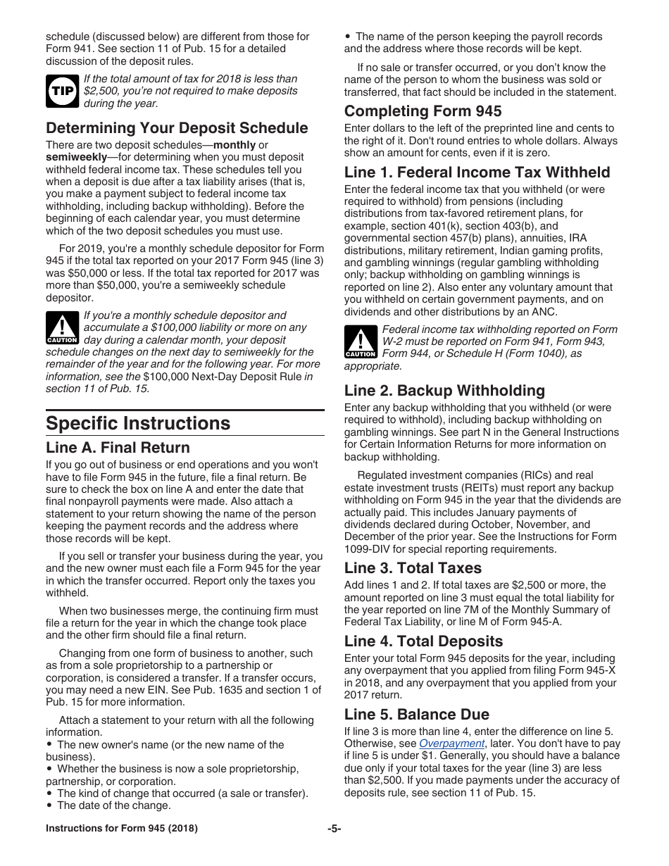 Instructions for IRS Form 945 Annual Return of Withheld Federal Income Tax, Page 5