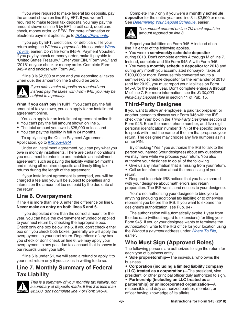 Instructions for IRS Form 945 Annual Return of Withheld Federal Income Tax, Page 6