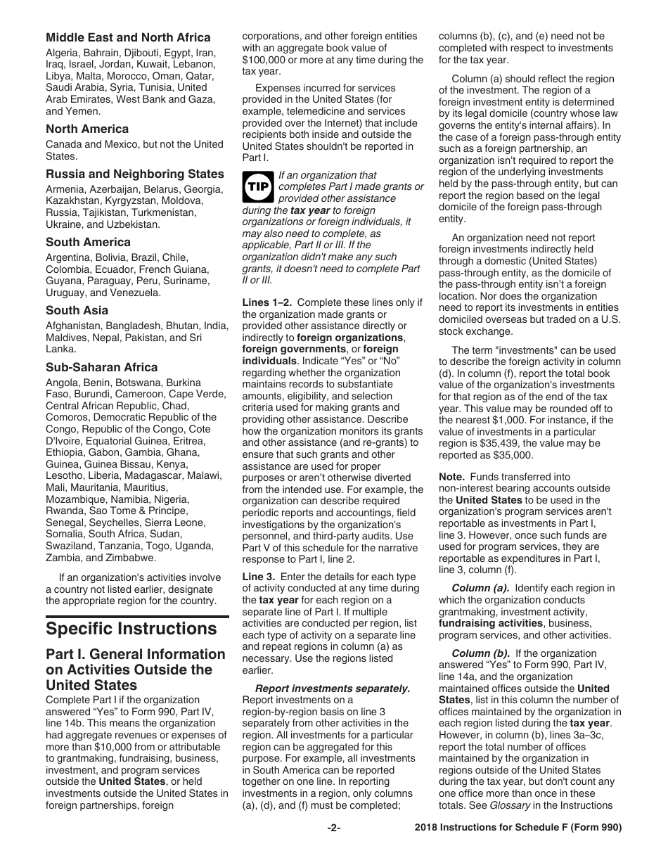 Instructions for IRS Form 990 Schedule F Statement of Activities Outside the United States, Page 2