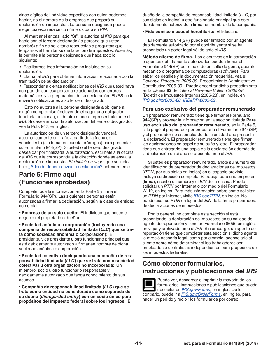 Instrucciones para IRS Formulario 944(SP) Declaracion Federal Anual De Impuestos Del Patrono O Empleador (Spanish), Page 14