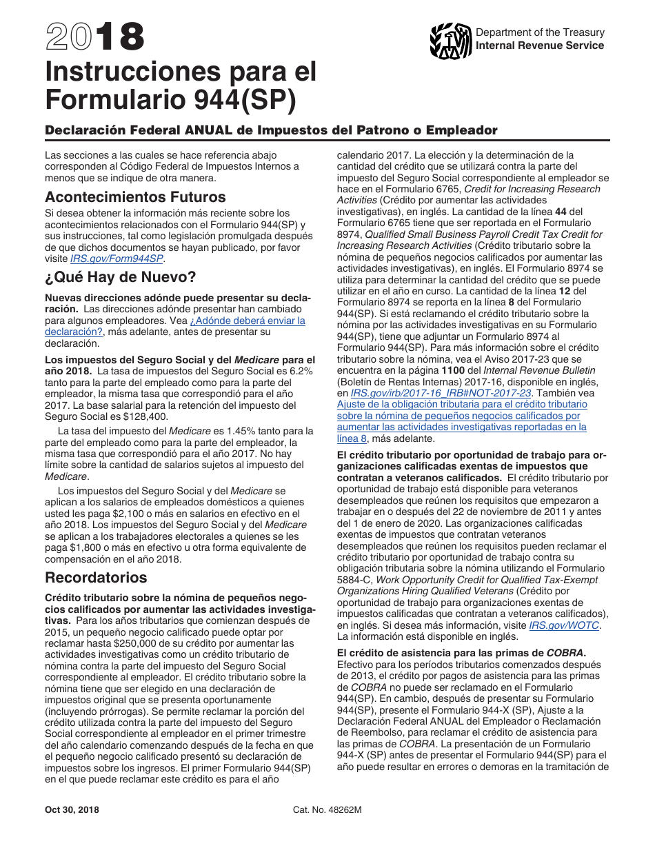 Instrucciones para IRS Formulario 944(SP) Declaracion Federal Anual De Impuestos Del Patrono O Empleador (Spanish), Page 1